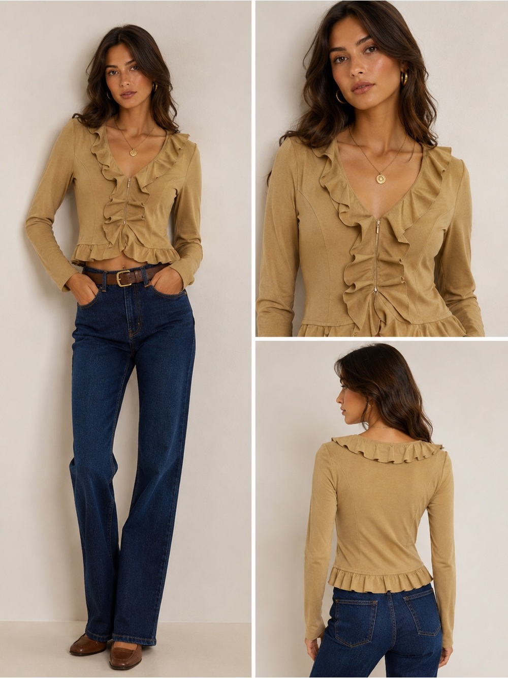 Ralph Lauren Tan Ruffle-Trim V-Neck Peplum Blouse - Picture 2 of 7